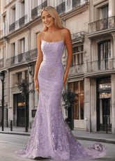 Julie | Glitter Lilac Purple Mermaid Spaghetti Strap Prom Dress with Train - Lilac - PromDressClub